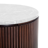 Close-up of Libra Interiors Fluted Walnut Marble-Top Chest of Drawers showing the pebble grey marble top and vertical fluted walnut body.