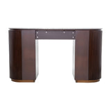 Libra Interiors Marble Top Fluted Walnut Pedestal Desk in brown with pebble grey marble top, twin fluted walnut pedestals and antique brass plinths.