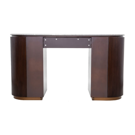 Libra Interiors Marble Top Fluted Walnut Pedestal Desk in brown with pebble grey marble top, twin fluted walnut pedestals and antique brass plinths.