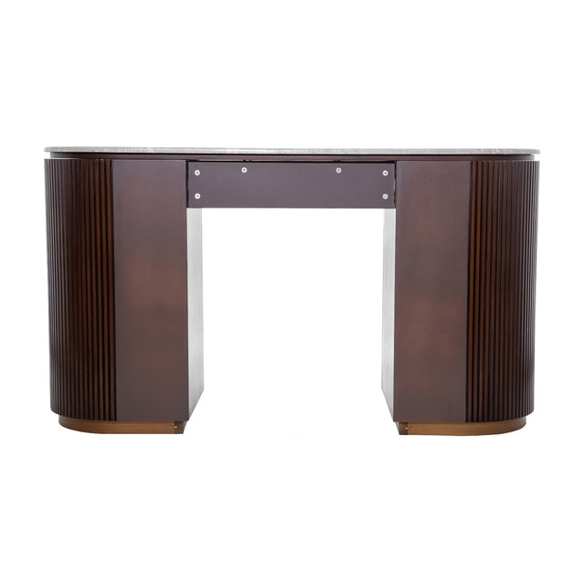Libra Interiors Marble Top Fluted Walnut Pedestal Desk in brown with pebble grey marble top, twin fluted walnut pedestals and antique brass plinths.