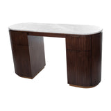 Libra Interiors Marble Top Fluted Walnut Pedestal Desk in brown with honed grey marble top, twin fluted pedestals, drawers and antique brass handles.