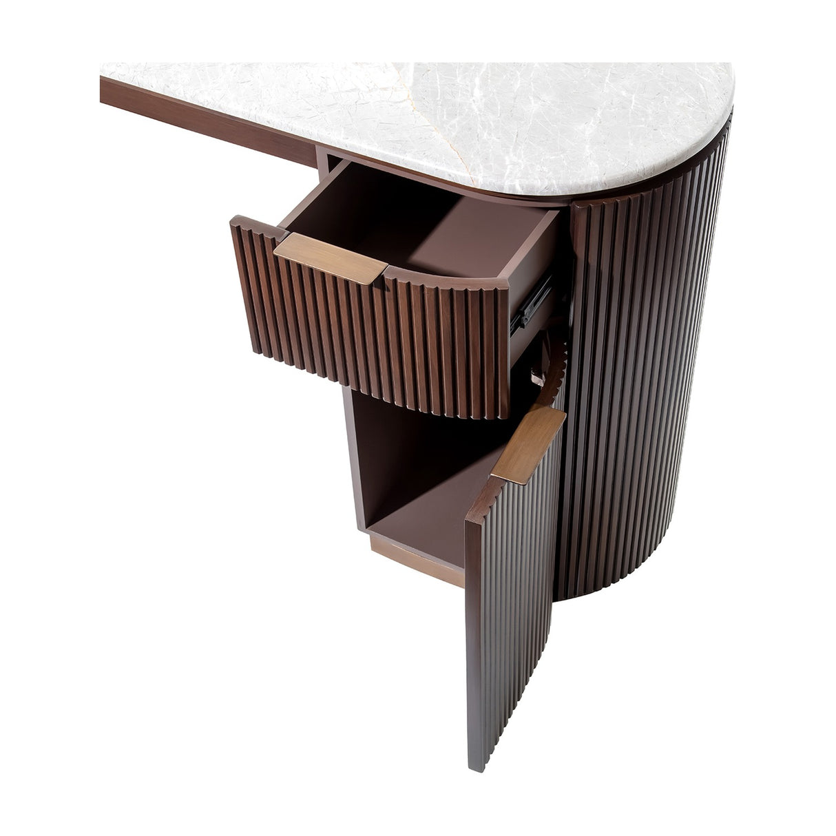Libra Interiors Marble Top Fluted Walnut Pedestal Desk in brown, shown with open drawer and cupboard revealing storage beneath the honed marble top.