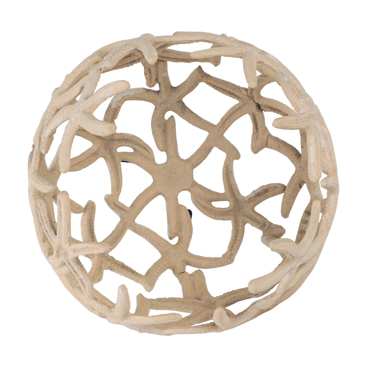 Libra Interiors Openwork Starfish aluminium decorative bowl in beige stonewash finish, viewed from above showing pierced starfish motifs, on a white background.