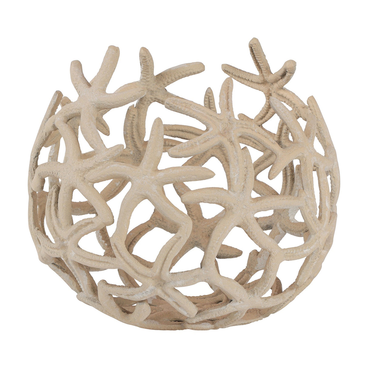 Libra Interiors Openwork Starfish Aluminium Decorative Bowl in beige, a deep rounded form built from clustered starfish motifs with a matt stonewash finish.