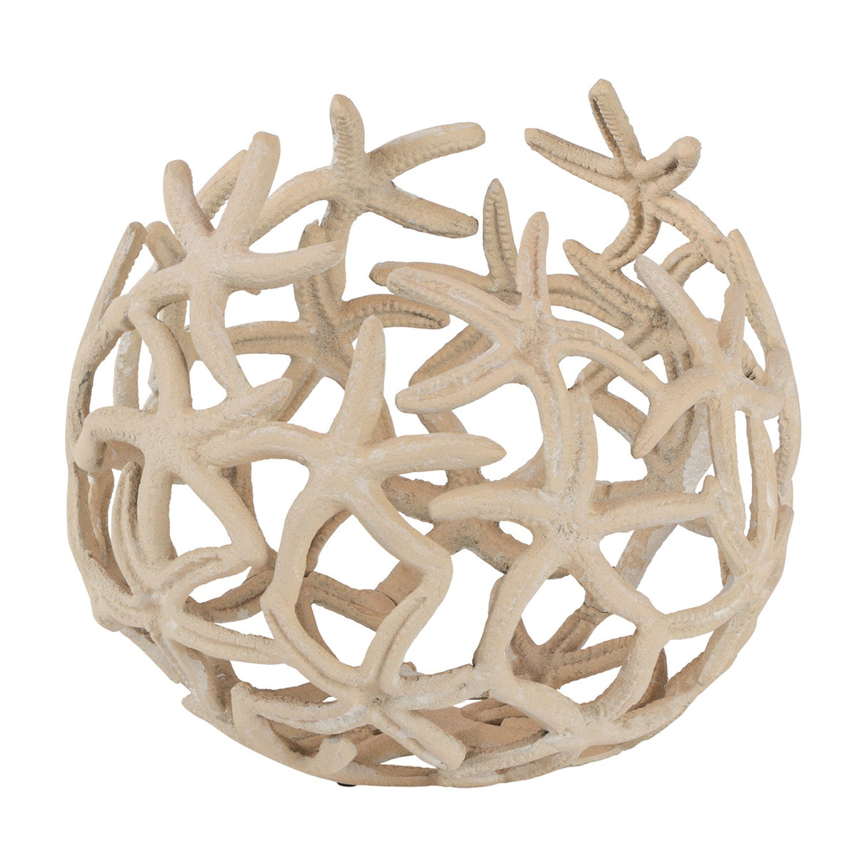 Libra Interiors Openwork Starfish Aluminium Decorative Bowl in beige, a rounded openwork form built from clustered starfish motifs with a matt stonewash finish.