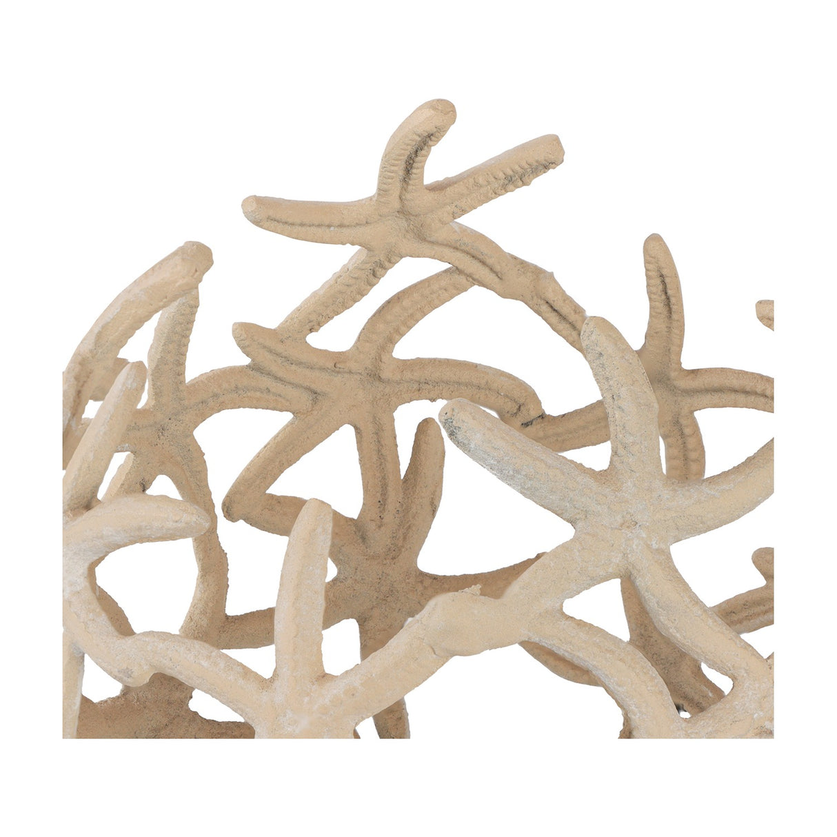 Close-up of Libra Interiors Openwork Starfish Aluminium Decorative Bowl in beige, showing the clustered starfish motifs and matt stonewash finish.