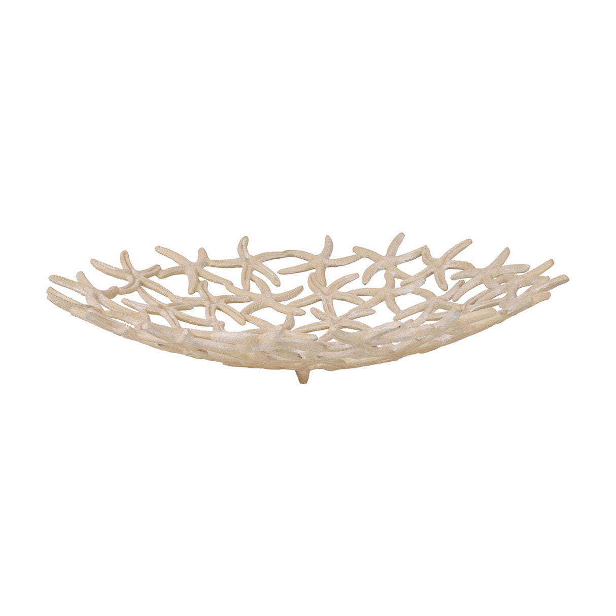 Libra Interiors Starfish Openwork Shallow Bowl in beige, cast aluminium with interlocking starfish lattice and small feet, shown on a plain white background.