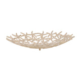 Libra Interiors Starfish Openwork Shallow Bowl in beige, cast aluminium with interlocking starfish lattice and small feet, shown on a plain white background.