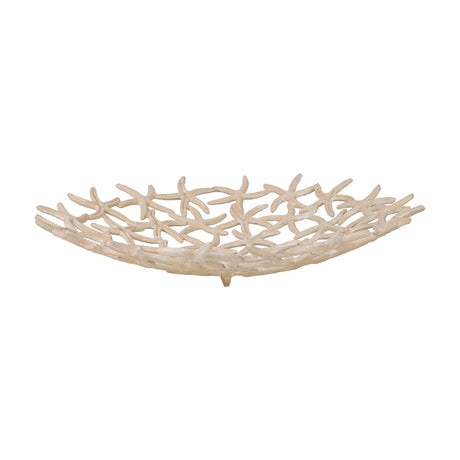 Libra Interiors Starfish Openwork Shallow Bowl in beige, cast aluminium with interlocking starfish lattice and small feet, shown on a plain white background.