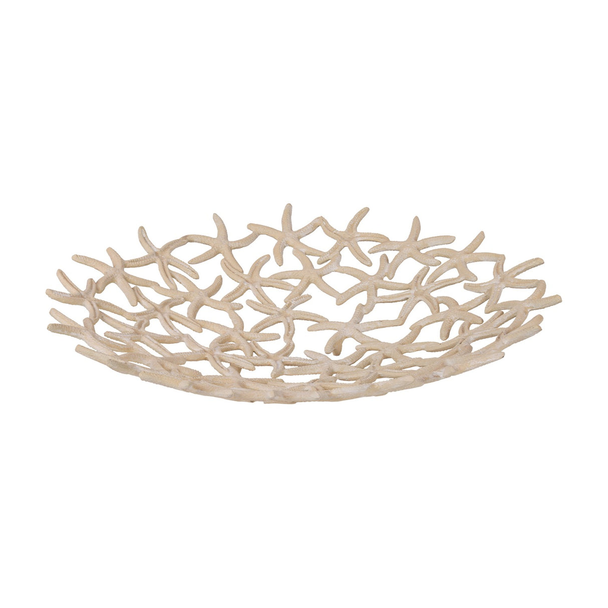 Libra Interiors Starfish Openwork Shallow Bowl in beige, cast aluminium with an interlocking starfish lattice and matt stonewash finish, on a white background.