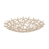 Libra Interiors Starfish Openwork Shallow Bowl in beige, cast aluminium with an interlocking starfish lattice and matt stonewash finish, on a white background.