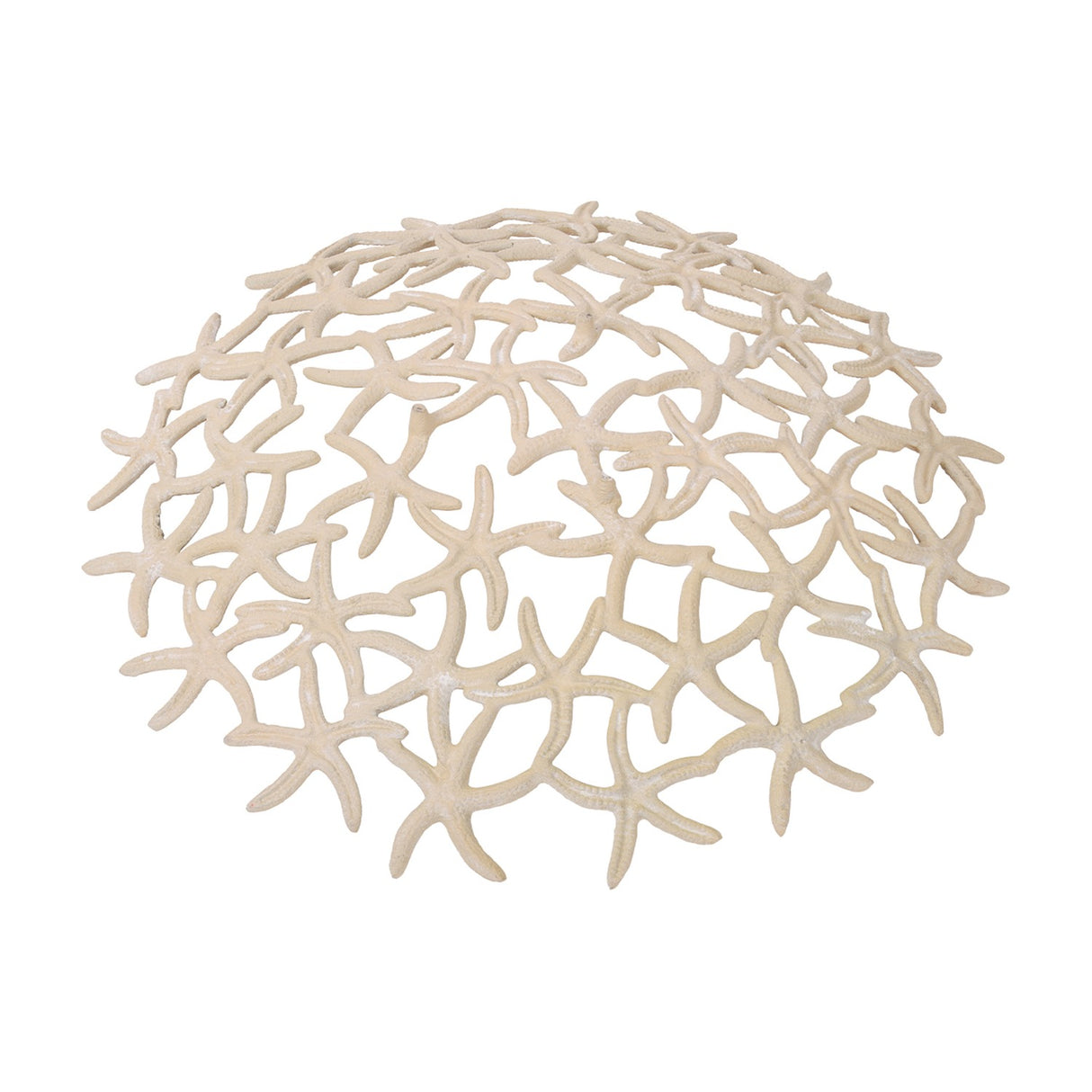 Libra Interiors Starfish Openwork Shallow Bowl in beige cast aluminium, shown from above with interlocking starfish lattice on a white background.