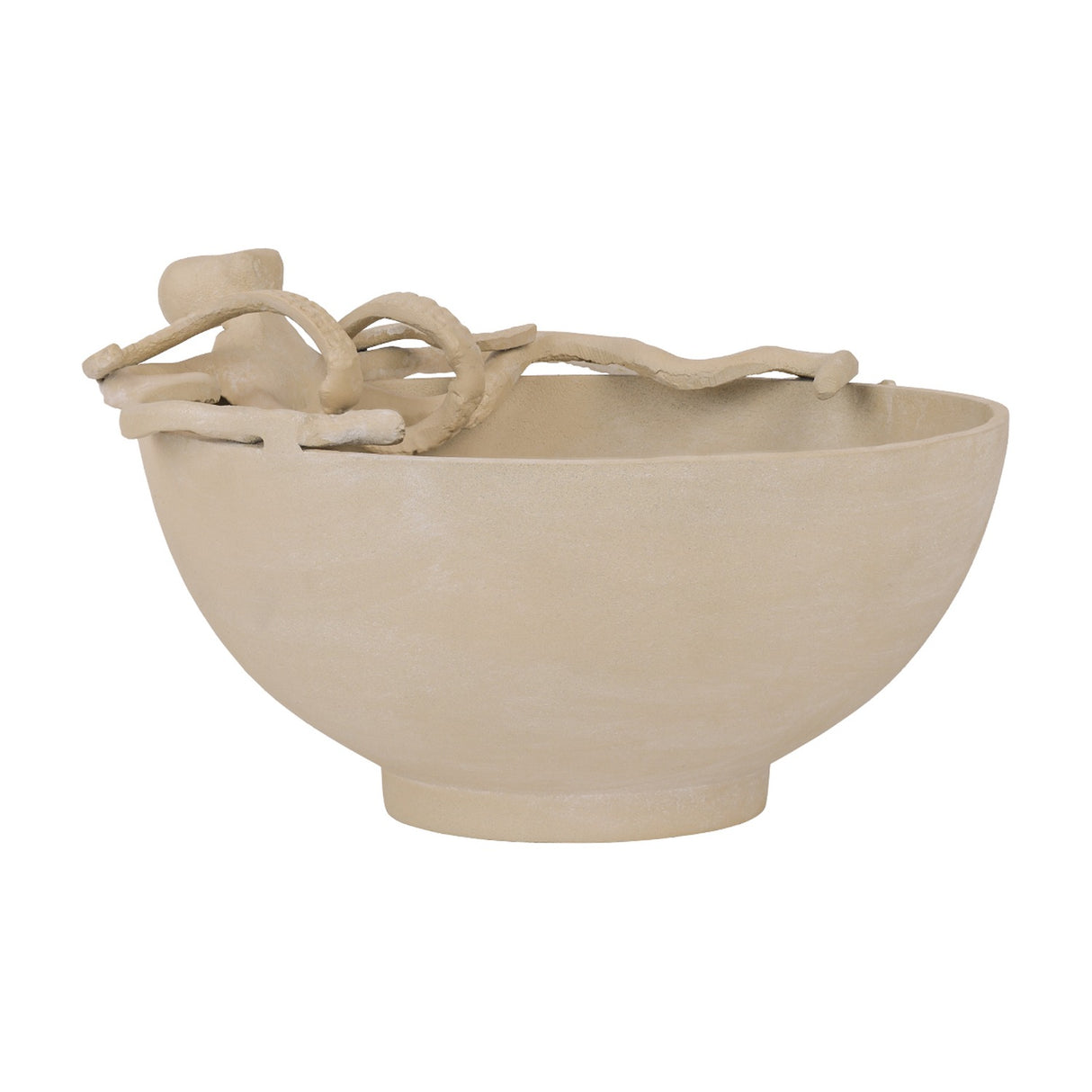 Libra Interiors Octopus Stonewash decorative bowl in beige aluminium, deep rounded form with a sculptural octopus curling tentacles over the rim.