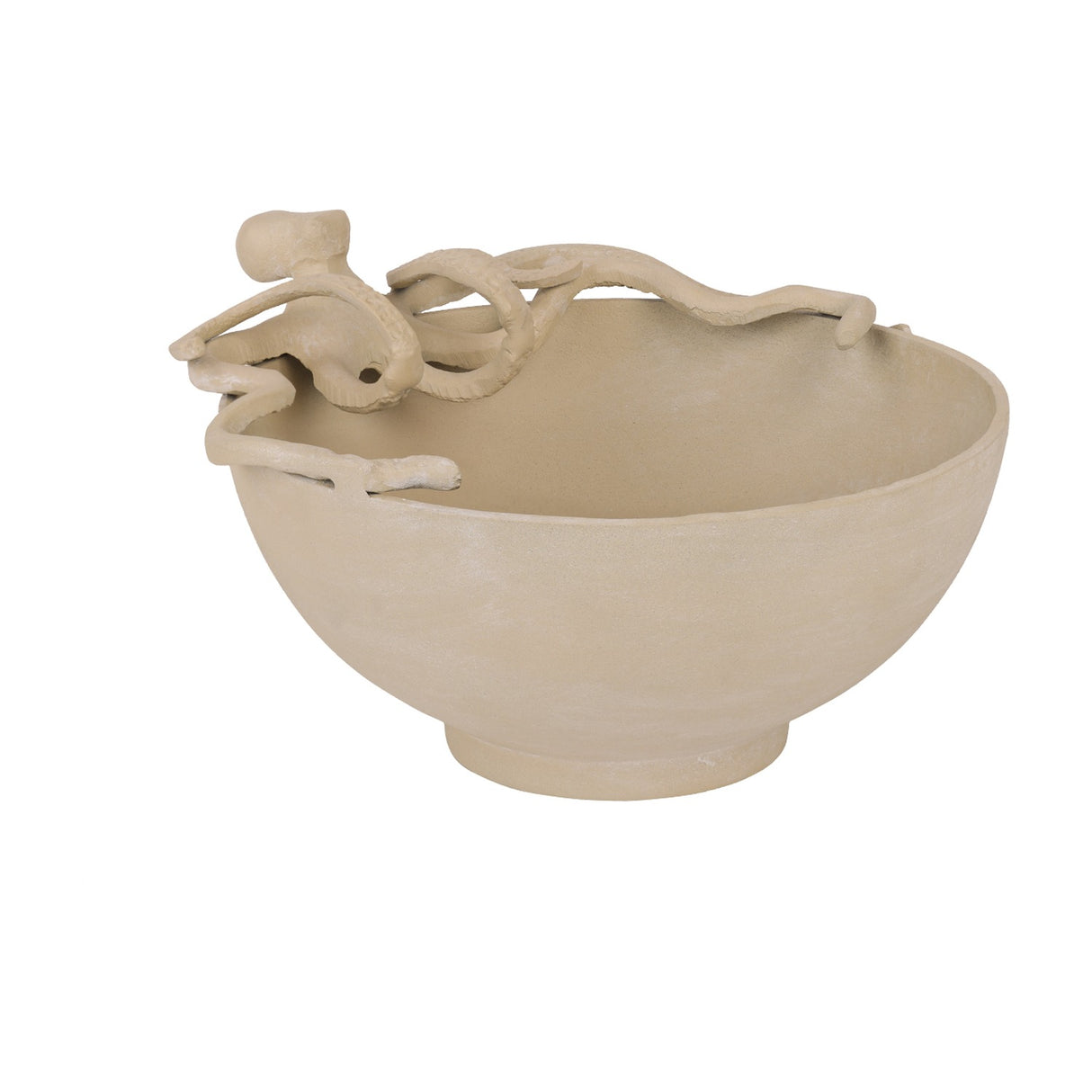 Libra Interiors Octopus Stonewash decorative bowl in beige aluminium, deep rounded form with a sculpted octopus curling over the rim, on a white background.
