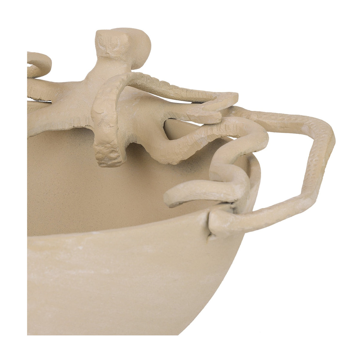 Close-up of Libra Interiors Octopus Stonewash Decorative Bowl in beige aluminium, showing sculpted tentacles curling over the rim in matt stonewash finish.