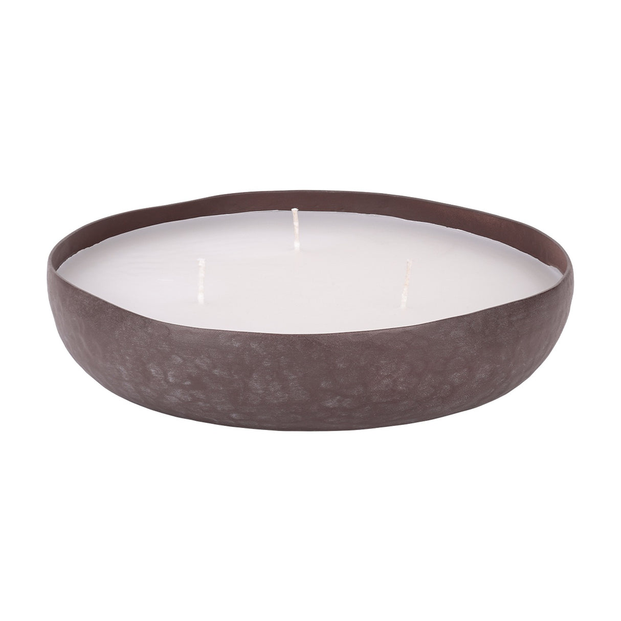 Libra Interiors Hammered Aluminium 3 Wick Bowl Candle in brown with white wax and three cotton wicks in a shallow stonewash bowl on a white background.