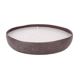 Libra Interiors Hammered Aluminium 3 Wick Bowl Candle in brown with white wax and three cotton wicks in a shallow stonewash bowl on a white background.