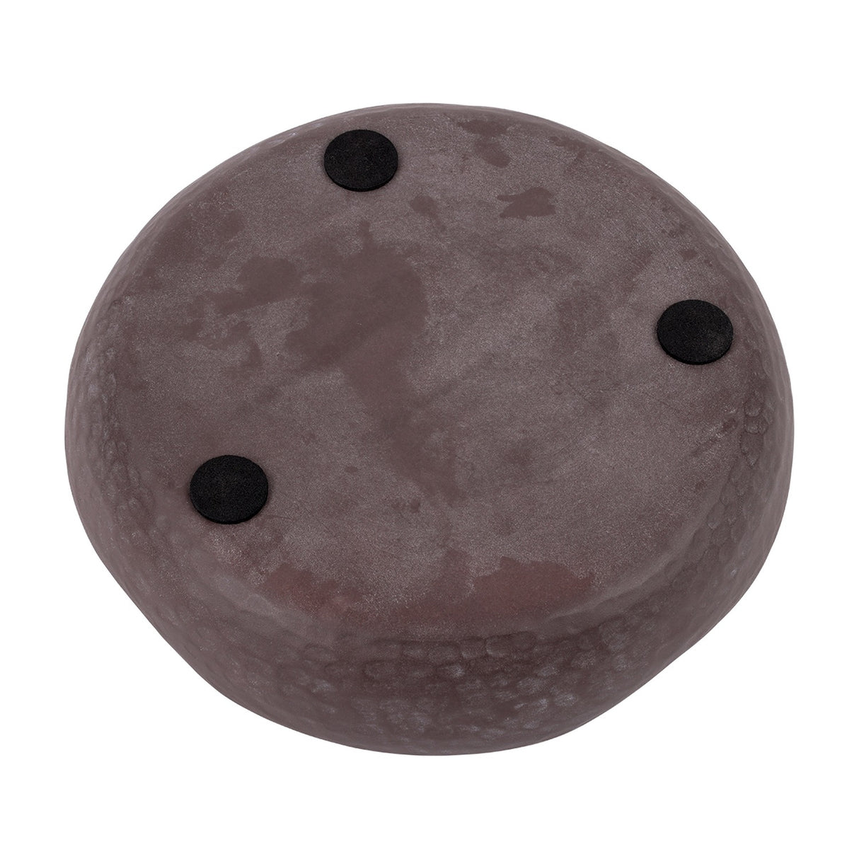 Underside of the Libra Interiors Hammered Aluminium 3 Wick Bowl Candle in brown, showing three black felt pads on the base against a white background.