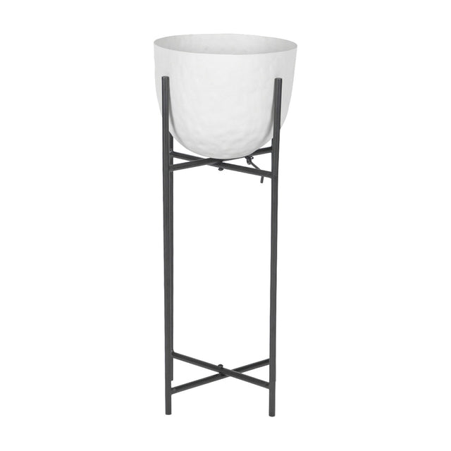 Libra Interiors Hammered White Aluminium Planter on Stand with a curved matt white bowl on a slim dark four-leg metal frame, on a plain background.