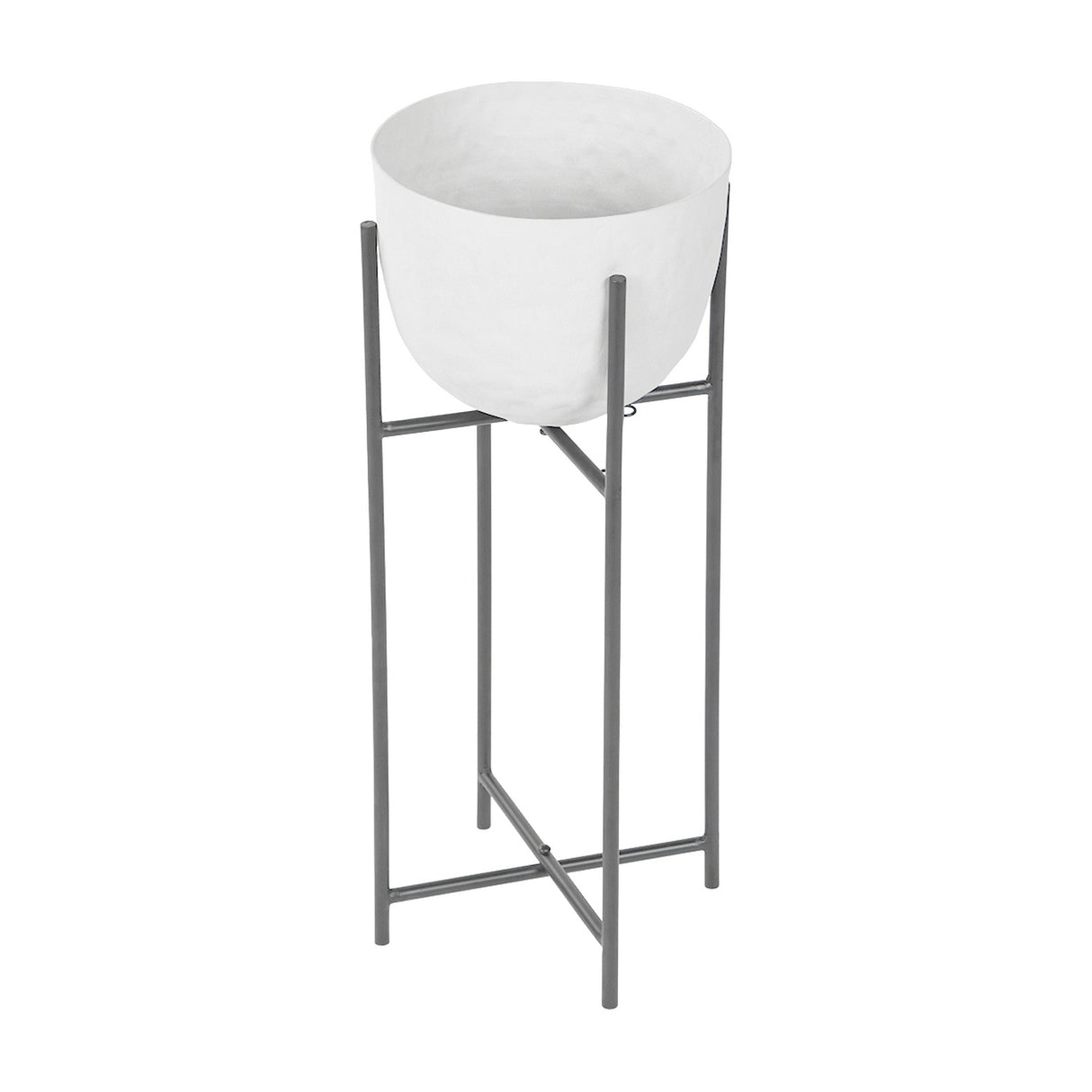 Libra Interiors Hammered White Aluminium Planter on Stand with curved matt white bowl on a slim dark four-leg metal frame, shown on a plain background.
