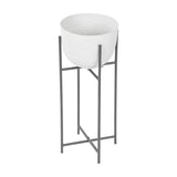 Libra Interiors Hammered White Aluminium Planter on Stand with curved matt white bowl on a slim dark four-leg metal frame, shown on a plain background.