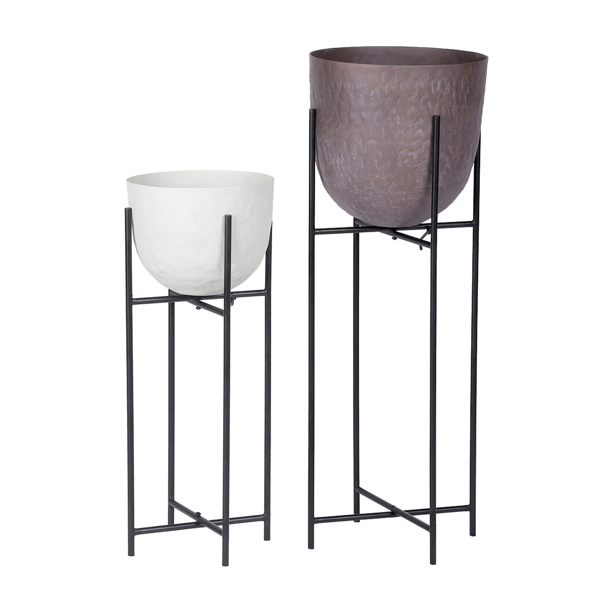 Libra Interiors Hammered White Aluminium Planters on Stands, showing the white bowl beside a larger brown bowl on slim black metal frames.