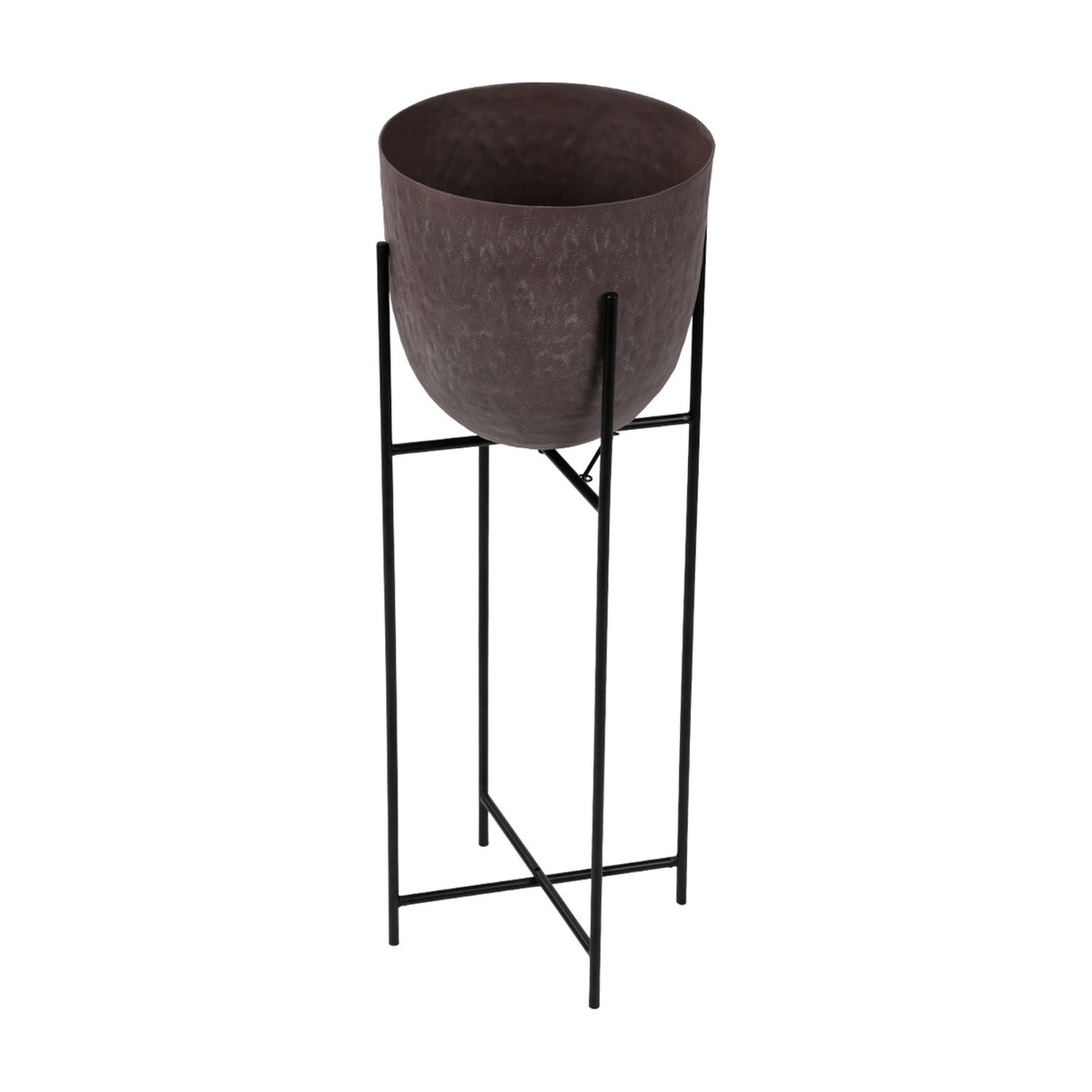 Libra Interiors Hammered Aluminium Raised Planter in brown, with a rounded stonewash pot set within a tall black iron four-leg stand, on a white background.