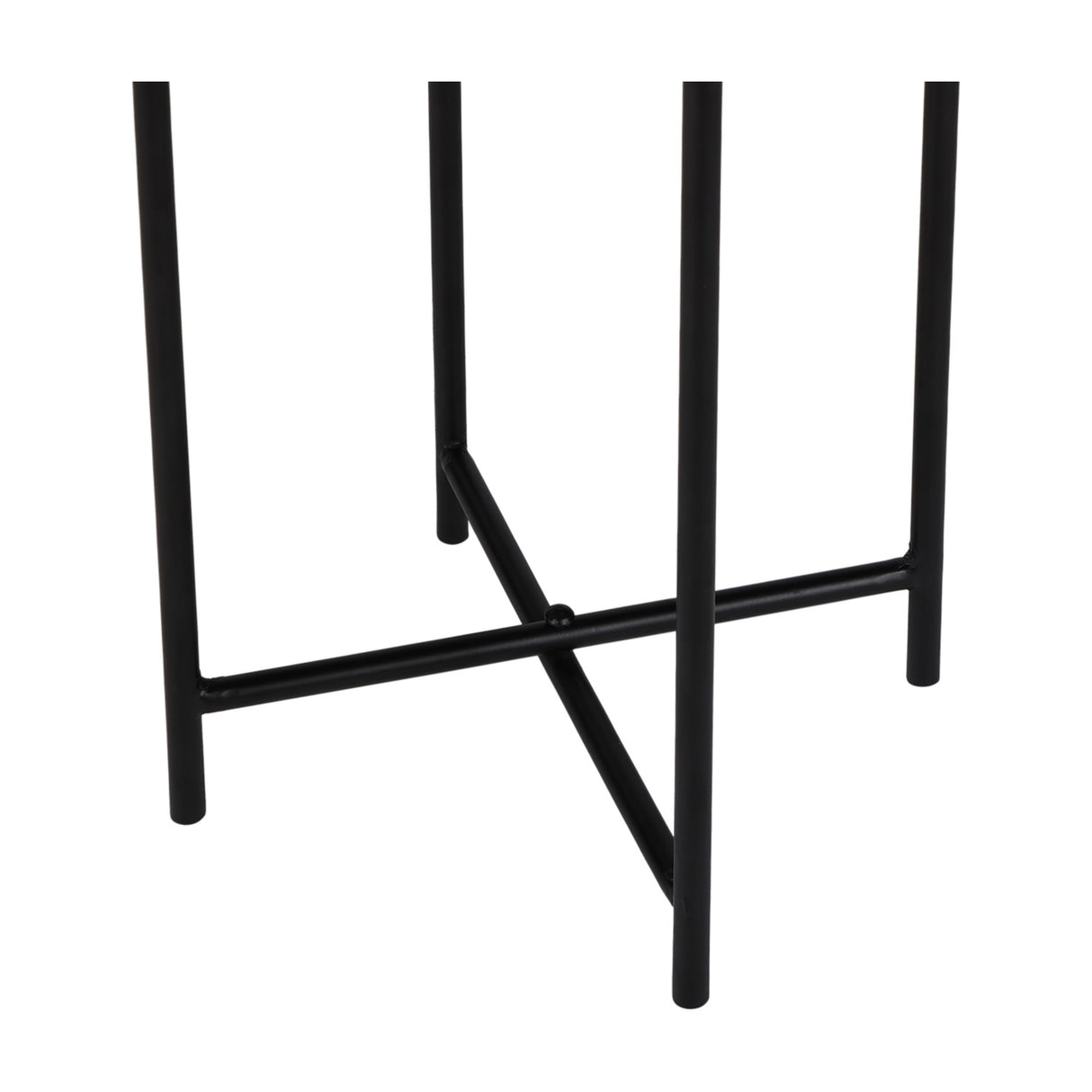 Close-up of the black iron stand base on the Libra Interiors Hammered Aluminium Raised Planter, showing four slim legs crossed at the centre.