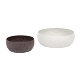 Libra Interiors Hammered Stonewash brown aluminium decorative bowl shown beside a larger pale stonewash bowl on a plain white background.