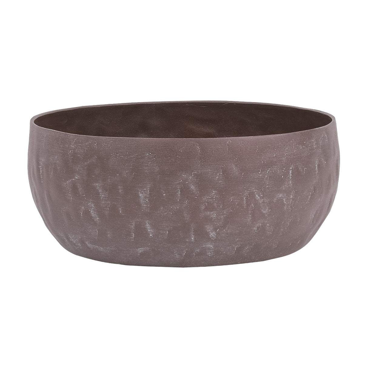 Libra Interiors Hammered Stonewash decorative bowl in brown aluminium with a rounded profile and matt raw stone wash finish, on a white background.