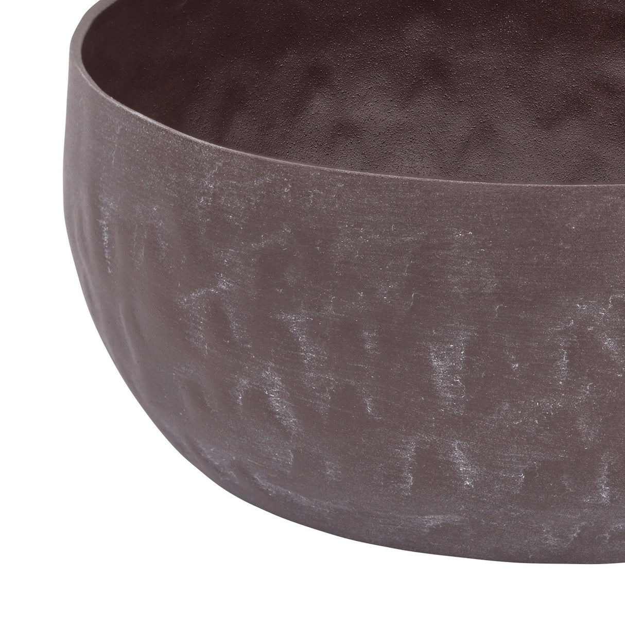 Libra Interiors Hammered Stonewash decorative bowl in brown aluminium with a matt raw stone wash finish, shown close-up to highlight its rounded profile.