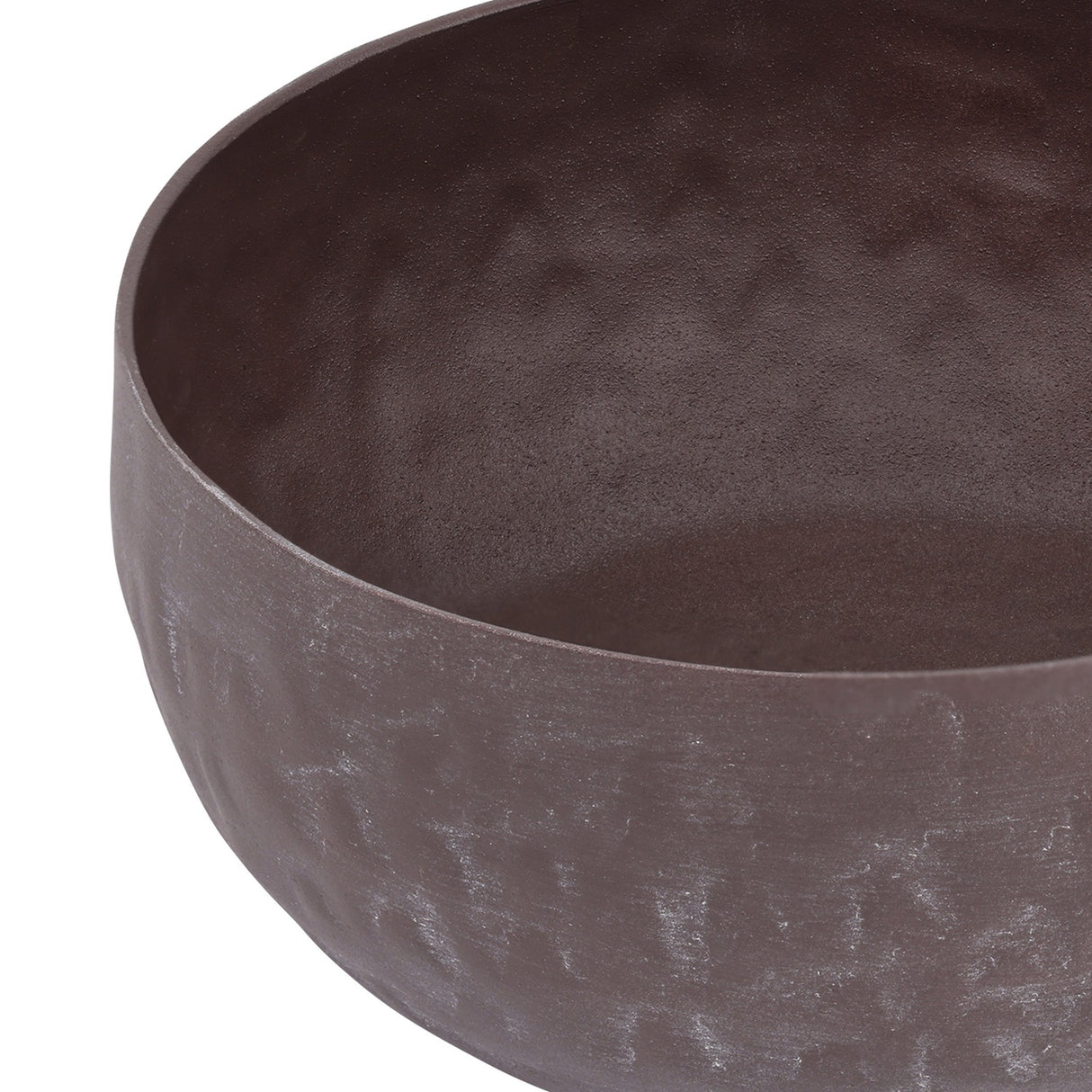 Close-up of the Libra Interiors Hammered Stonewash Decorative Bowl in brown, showing the aluminium rim and matt hammered stonewash finish.