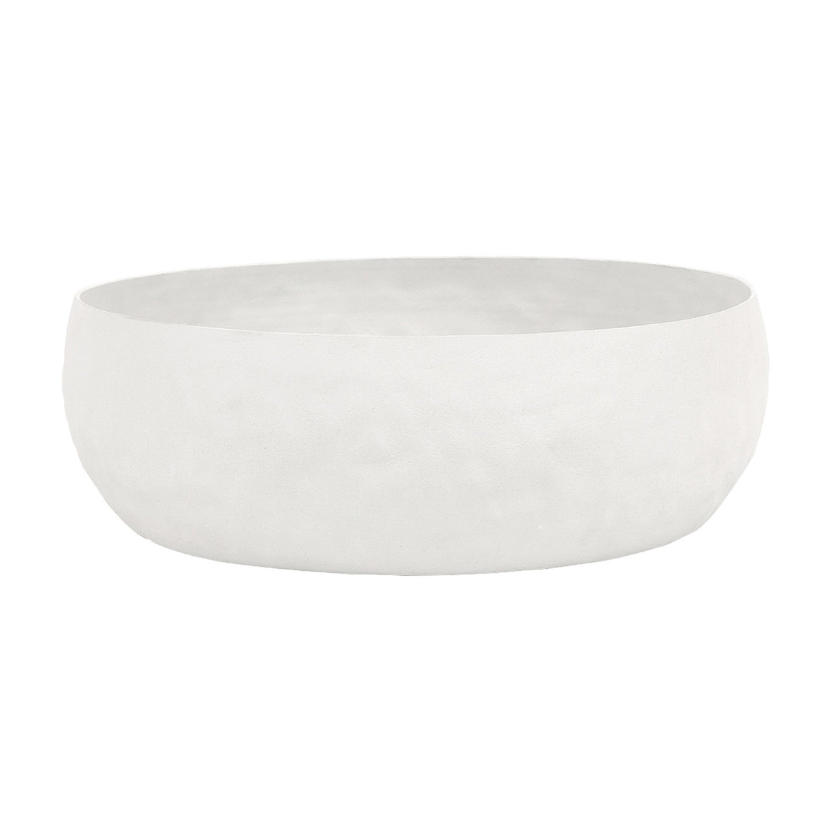 Libra Interiors Hammered Stonewash Aluminium Bowl in white with a low, rounded organic form and matt textured finish, shown on a plain background.