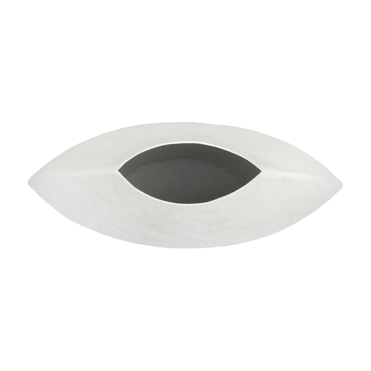 Libra Interiors Hammered White Stonewash Moon Vase in aluminium with an almond eye-shaped silhouette, matt textured exterior and dark grey interior opening.