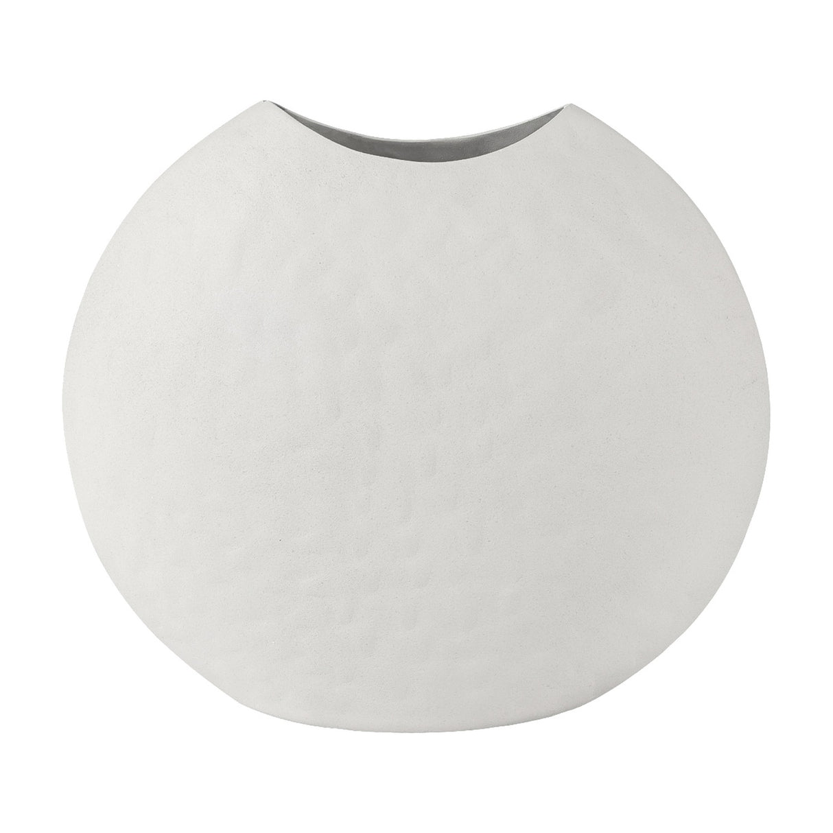 Libra Interiors Hammered White Stonewash Moon Vase in aluminium with a rounded almond silhouette, pinched neck and matt textured finish, on a white background.