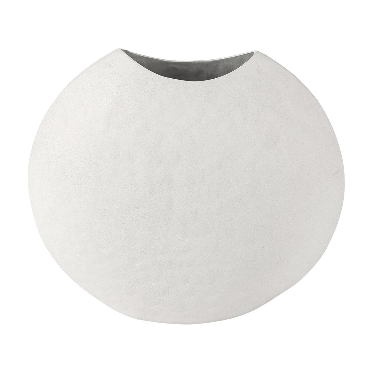 Libra Interiors Hammered White Stonewash Moon Vase in aluminium with a matt textured finish and dark grey interior opening, on a plain white background.