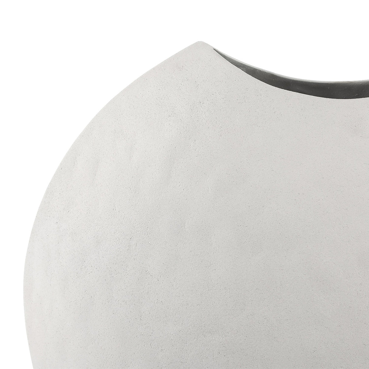 Close-up of the Libra Interiors Hammered White Stonewash Moon Vase showing its matt hammered aluminium surface, pinched neck and dark grey interior opening.