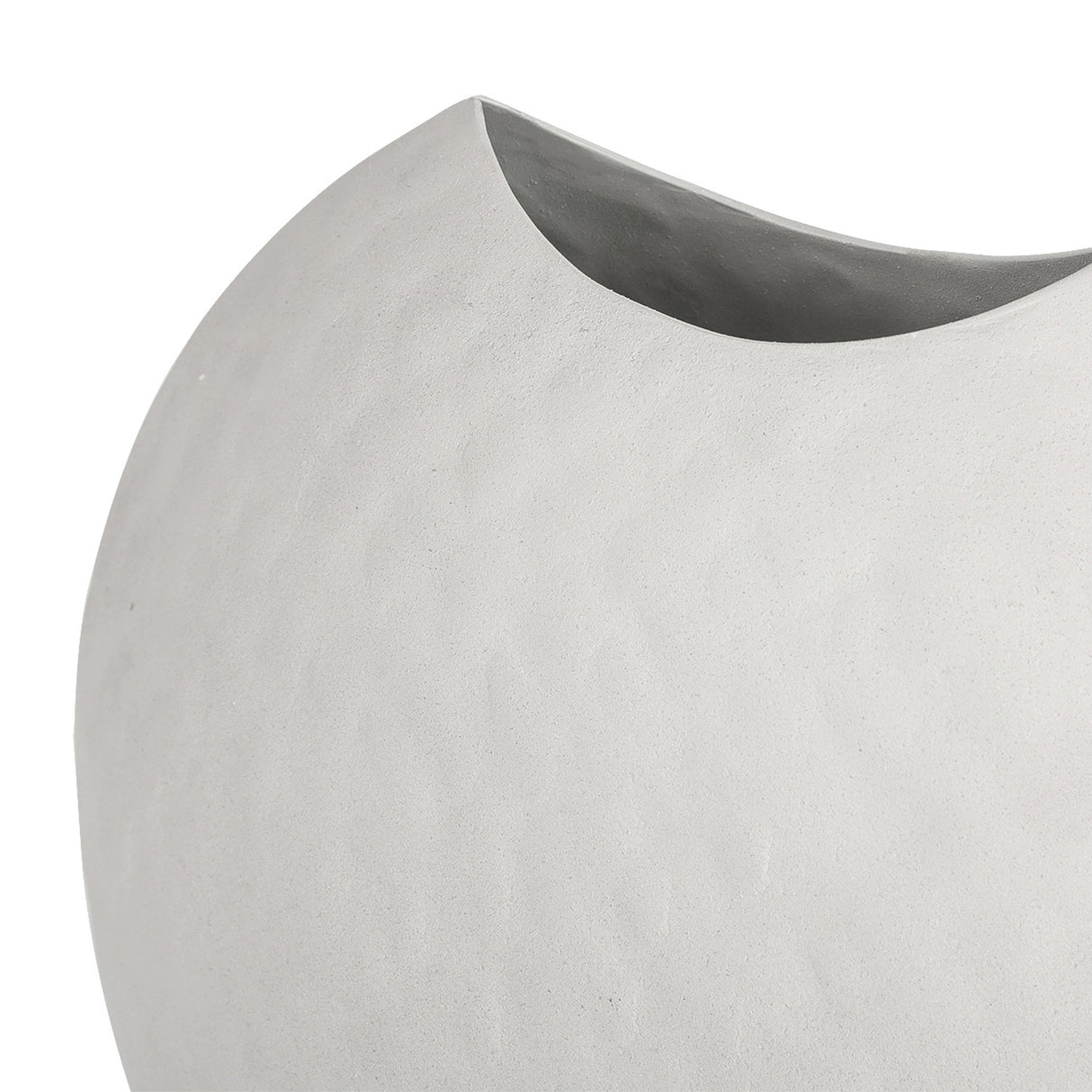 Close-up of the Libra Interiors Hammered White Stonewash Moon Vase showing its pinched neck, narrow opening, dark grey interior and matt hammered surface.