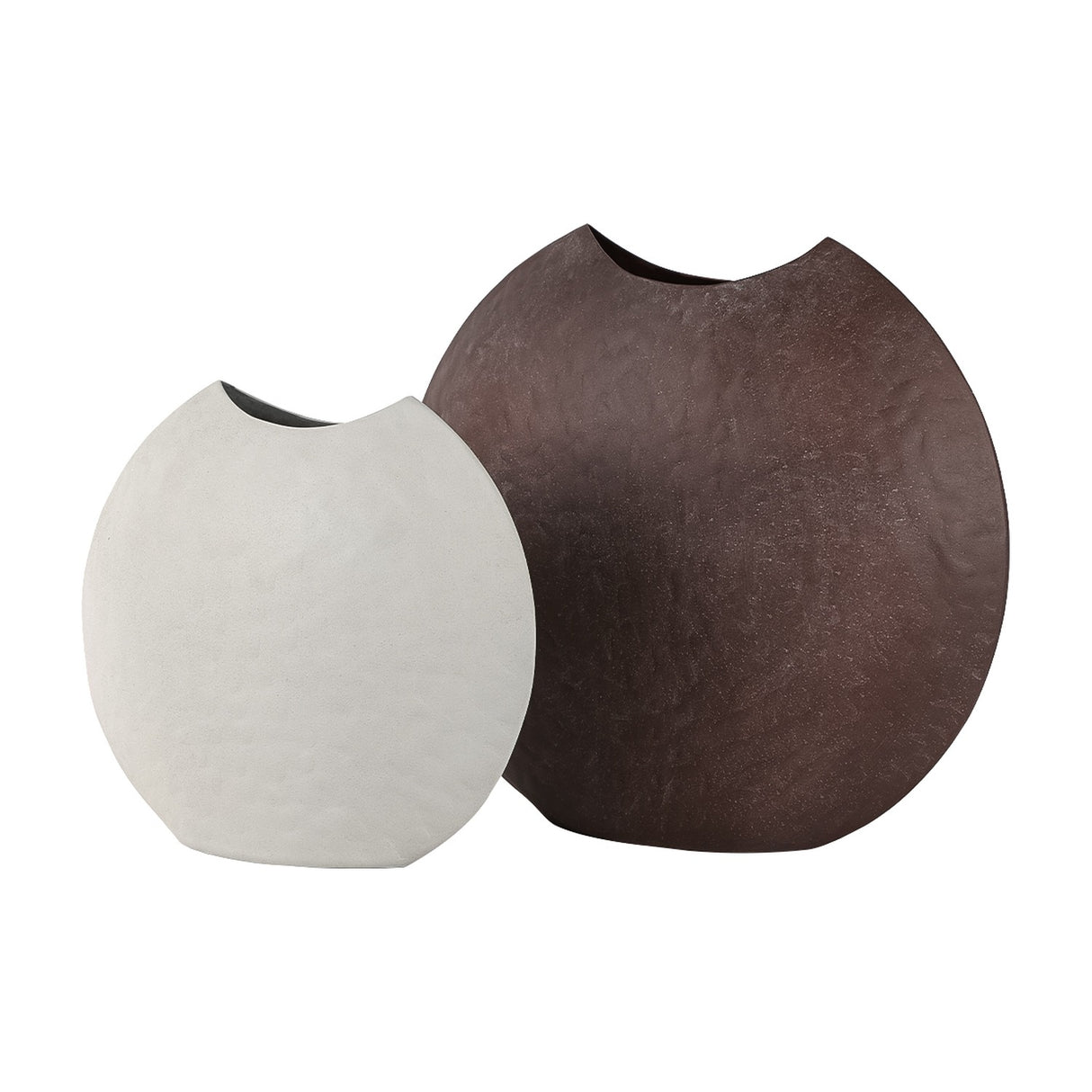 Libra Interiors Hammered White Stonewash Moon Vase in white shown beside a larger dark brown moon vase on a plain background.
