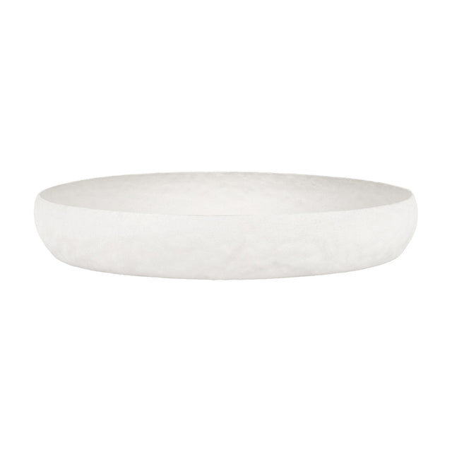 Libra Interiors Stonewash Hammered Round Bowl in white aluminium, a shallow decorative dish with matt textured finish, shown on a plain white background.