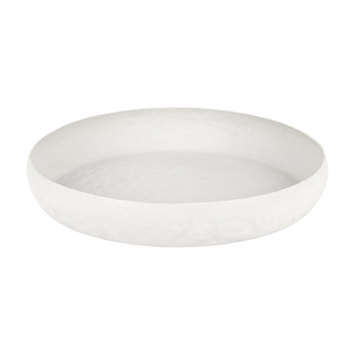 Libra Interiors Stonewash Hammered Round Bowl in white aluminium with a shallow form and undulating rim, shown on a plain background.