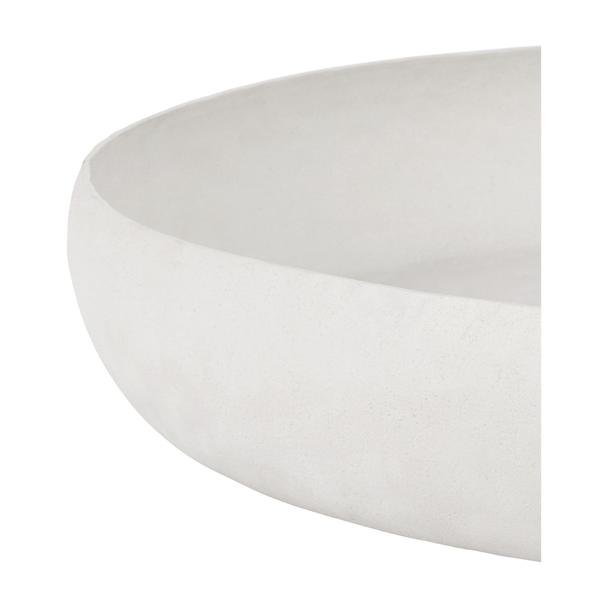 Libra Interiors Stonewash Hammered Round Bowl in white, close-up of the shallow aluminium form with matt raw stone finish and softly undulating rim.
