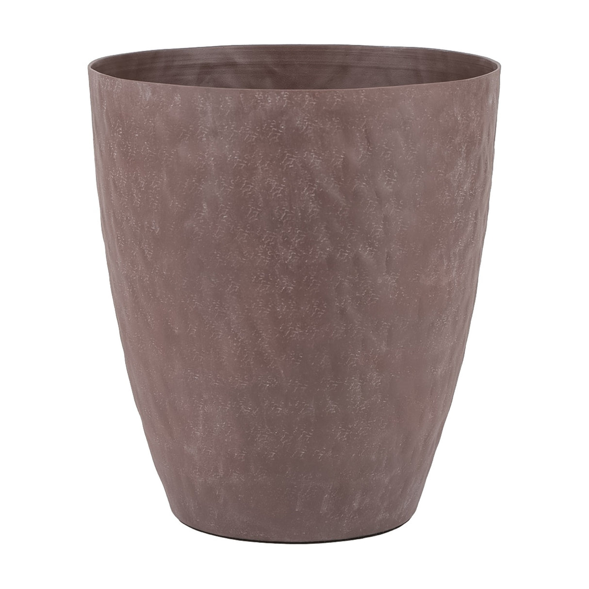 Libra Interiors Hammered Stonewash aluminium tapered planter in matte brown with mottled textured sides and flared silhouette, on a plain white background.