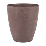 Libra Interiors Hammered Stonewash aluminium tapered planter in matte brown with mottled textured sides and flared silhouette, on a plain white background.