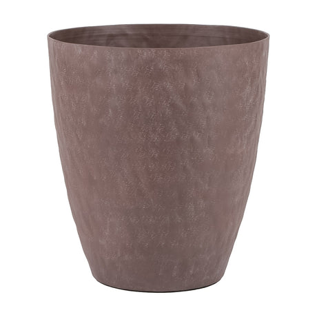 Libra Interiors Hammered Stonewash aluminium tapered planter in matte brown with mottled textured sides and flared silhouette, on a plain white background.