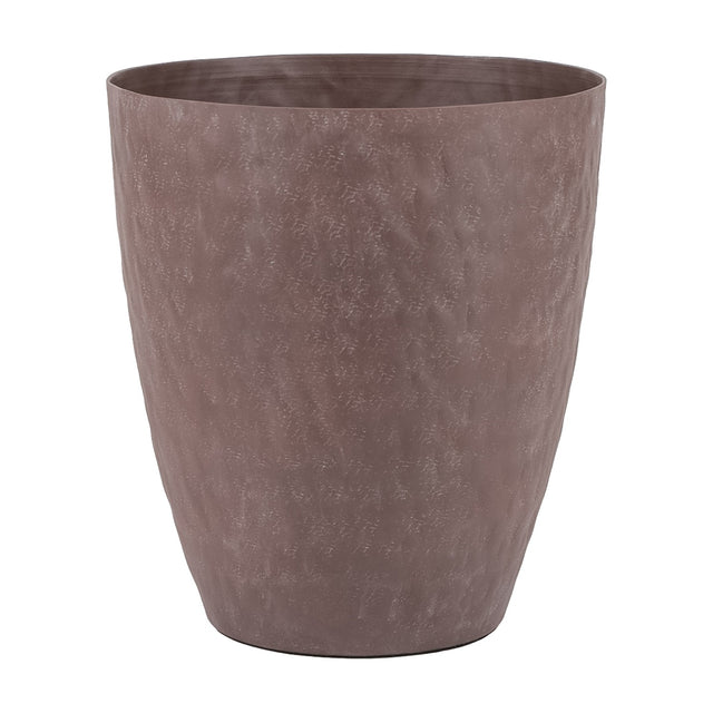Libra Interiors Hammered Stonewash aluminium tapered planter in matte brown with mottled textured sides and flared silhouette, on a plain white background.