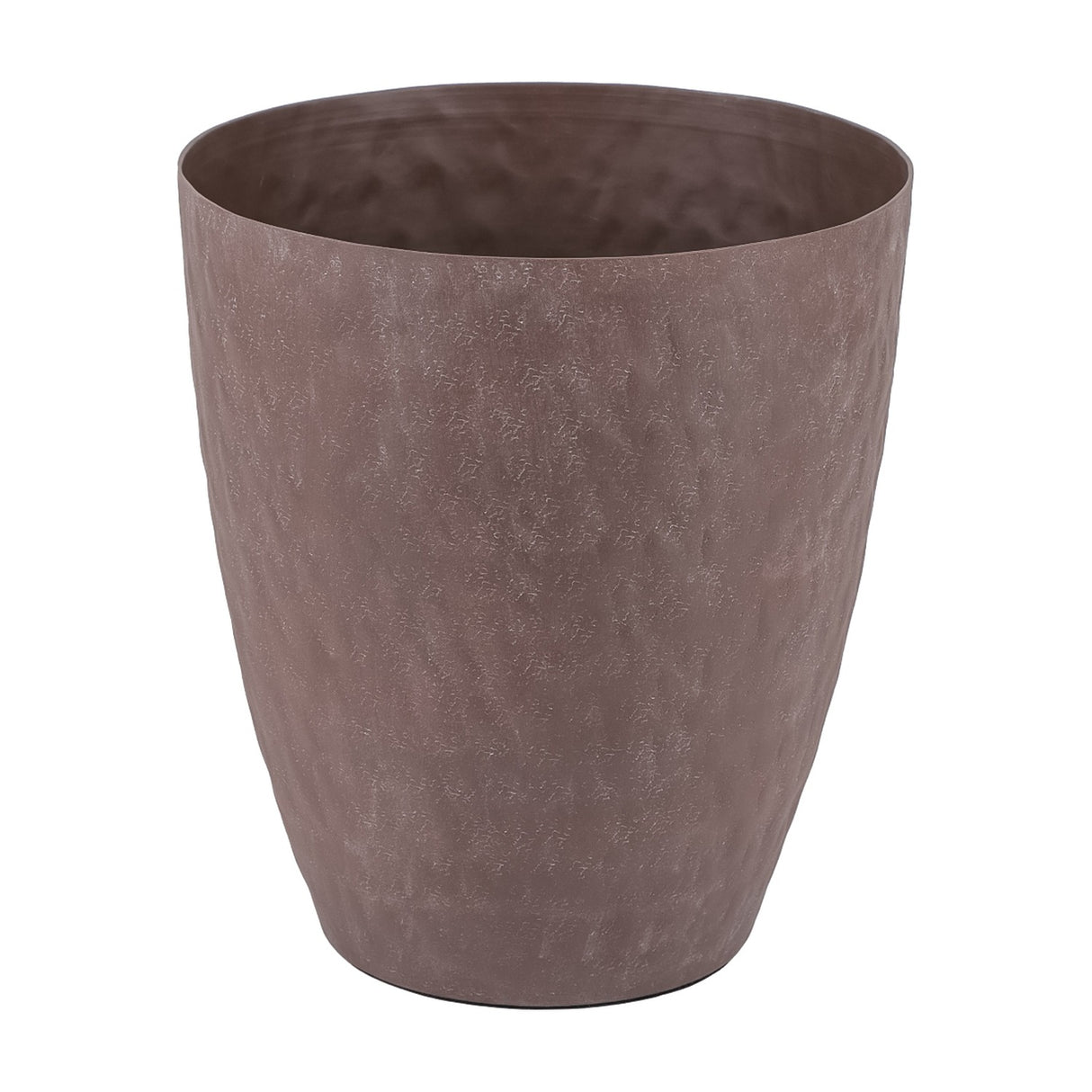 Libra Interiors Hammered Stonewash Aluminium Tapered Planter in brown with a mottled matt finish and flared rounded profile, shown on a white background.