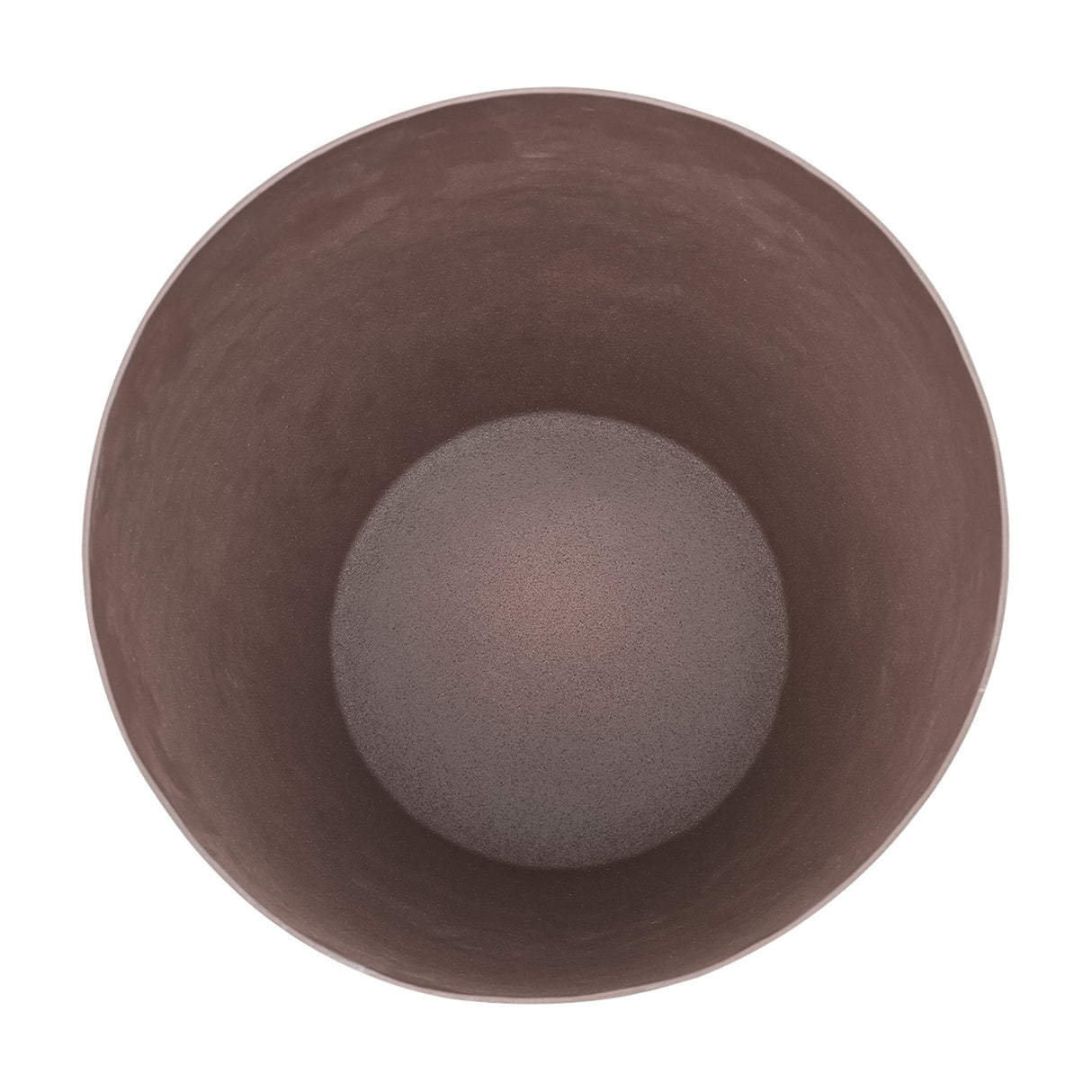 Top-down view into Libra Interiors Hammered Stonewash Aluminium Tapered Planter in brown, showing the mottled interior and rounded base.
