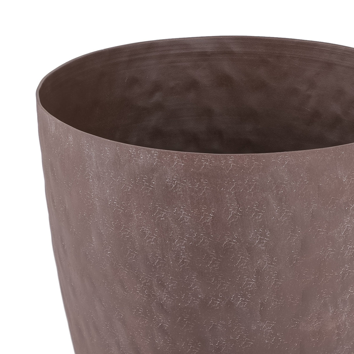 Close-up of the Libra Interiors Hammered Stonewash Aluminium Tapered Planter in brown, showing the matt mottled texture and flared rim on a white background.