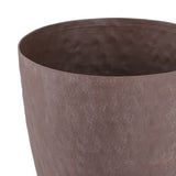 Close-up of the Libra Interiors Hammered Stonewash Aluminium Tapered Planter in brown, showing the matt mottled texture and flared rim on a white background.
